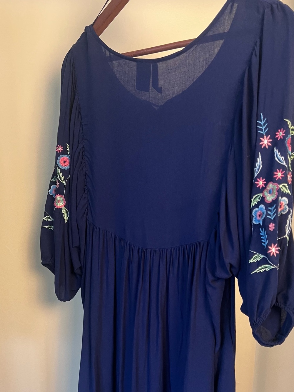 Navy Floral-Embroidered Long Sleeve Dress